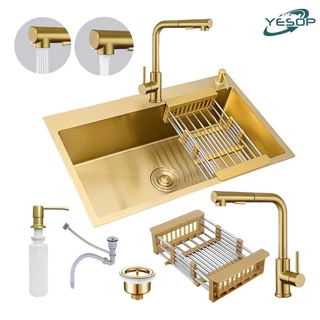 Cuba Pia Dourada Inox 304 Gourmet Cozinha 60x45 Com Torneira Escovado E Acessórios Yesop