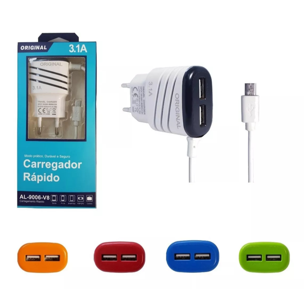 Carregador Rápido de Celular 3.1a Al-9006-v8 com 2 saídas Usb e 1 saída ...