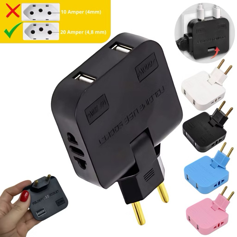 Tomada Adaptador Benjamin Dobrável 16A Com 04 Entradas Duplo USB Carregador Articulado