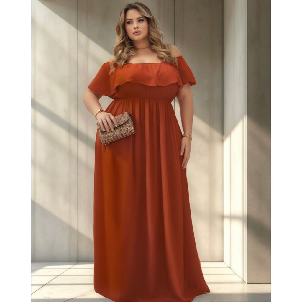 Vestido Longo Plus Size Ombro a Ombro Ajustável Terracota Madrinha ...