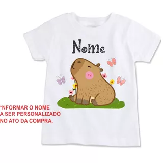 Camiseta personalizada com nome infantil tema capivara borboletas
