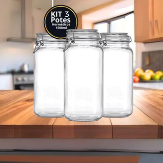 POTE DE VIDRO PREMIUM 1500ML HERMÉTICO COM TRAVA DE INOX KIT OU AVULSO