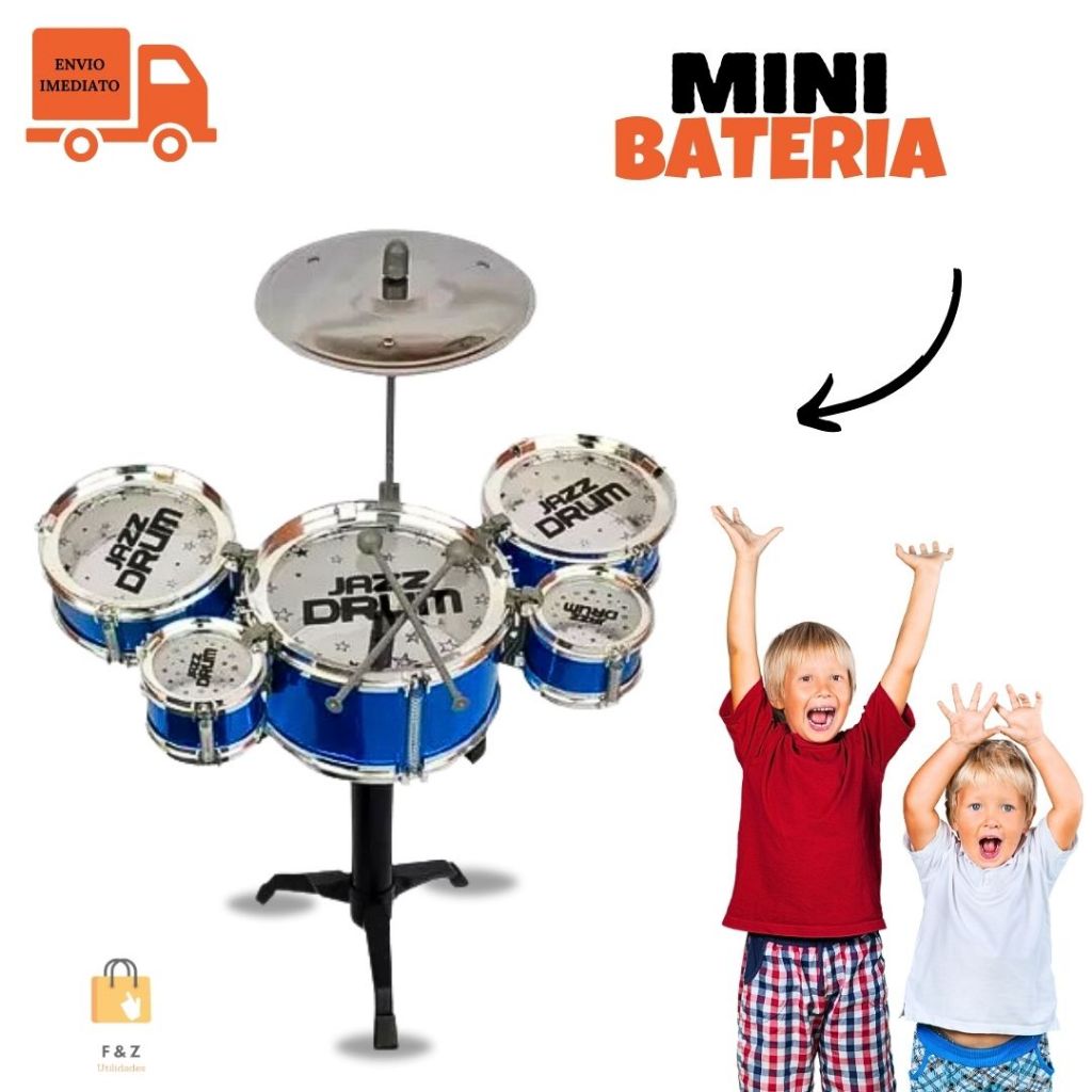 Mini Bateria Infantil Com 5 Tambores Azul Jazz Drum Baquetas Brinquedo ...