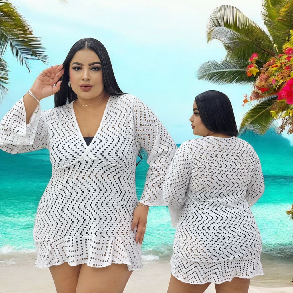 Saída de praia feminina plus size, com babado e mangas flare curtas ...