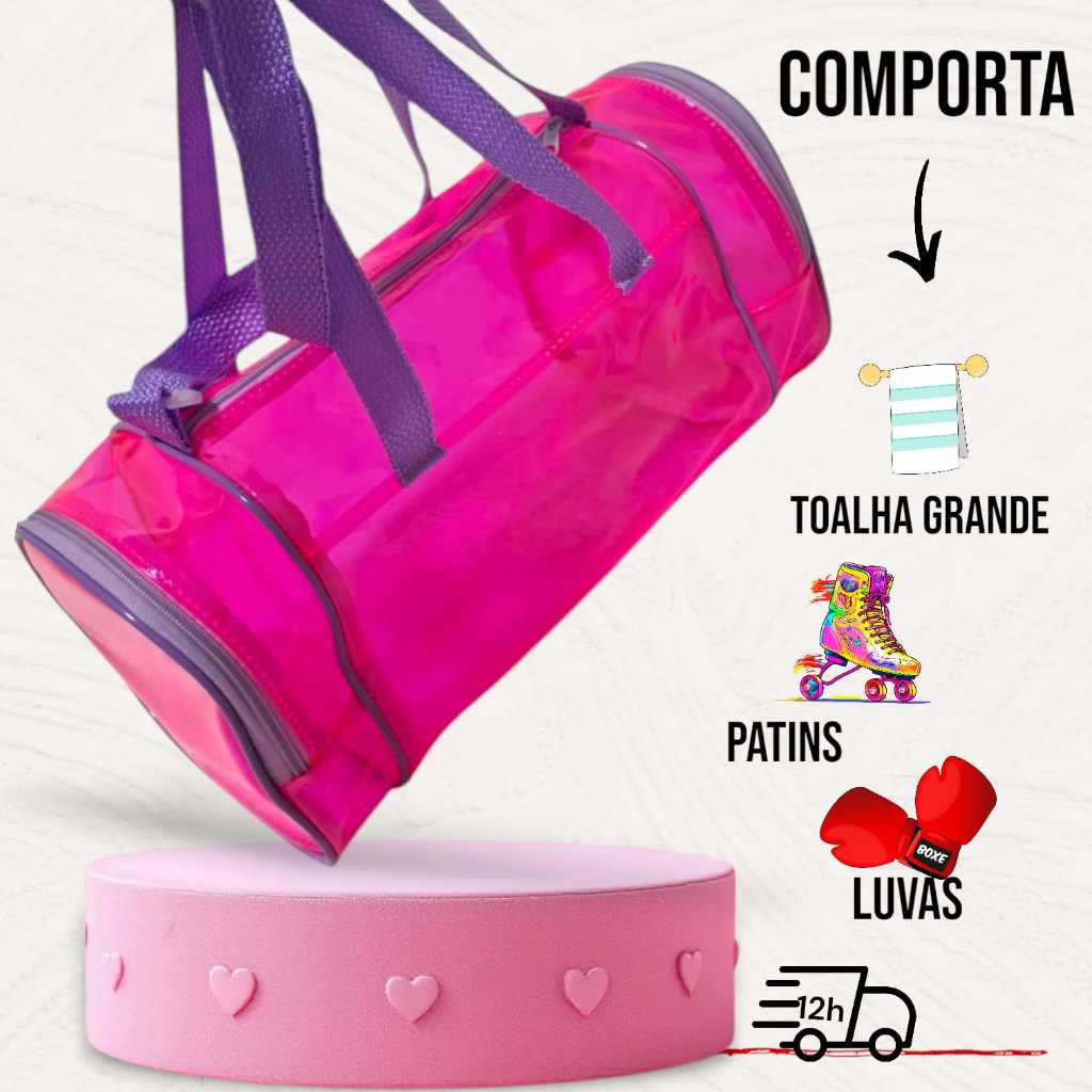 Bolsa/Mala Esporte Viagem Natação Praia Curso Hidroginastica Balé Adulto/Infantil Transparente Rosa neon