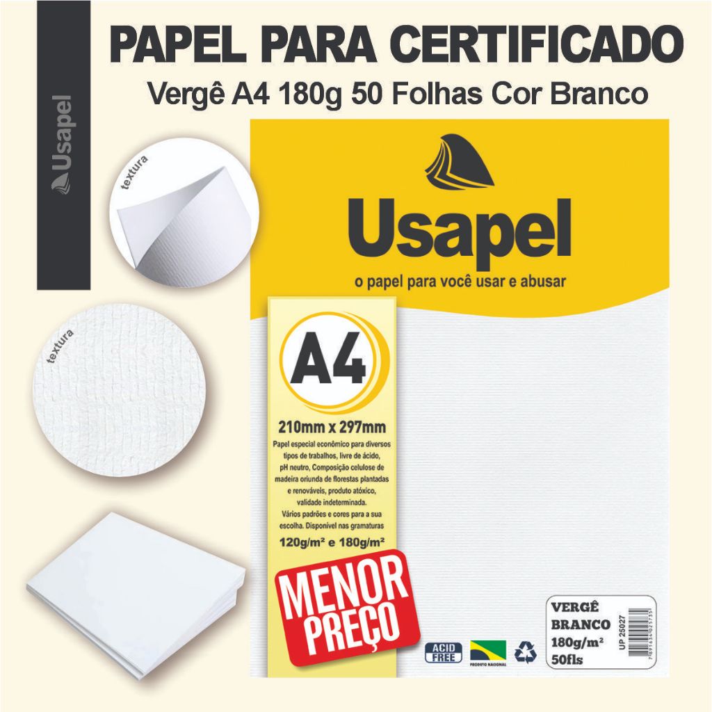 Papel para Certificado Vergê A4 180g 50 Folhas Cor Branco para ...