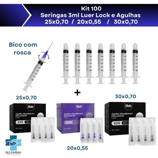 Kit com 30/50/100 Unidades de Seringa de 3ml Luer Lock Rosca Mais Agulha 25x7 / 30x7 / 20x55
