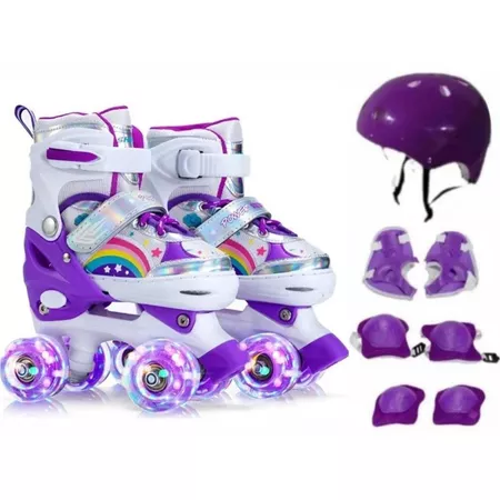 Patins Infantil 4 Rodas Menina ARCO IRIS Com Luz De Led Patins COM Kit Proteção Menino Promoção