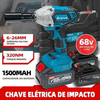 Parafusadeira Furadeira E Chave De Impacto 68V 02 Baterias Sem Fio Soquetes com Maleta Profissional