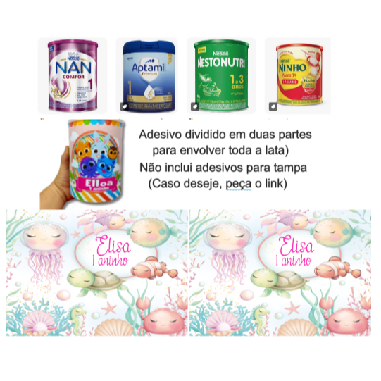 Rótulos Adesivos Personalizados Para Lata Leite em pó 800G fundo do mar aquarela menina e menino