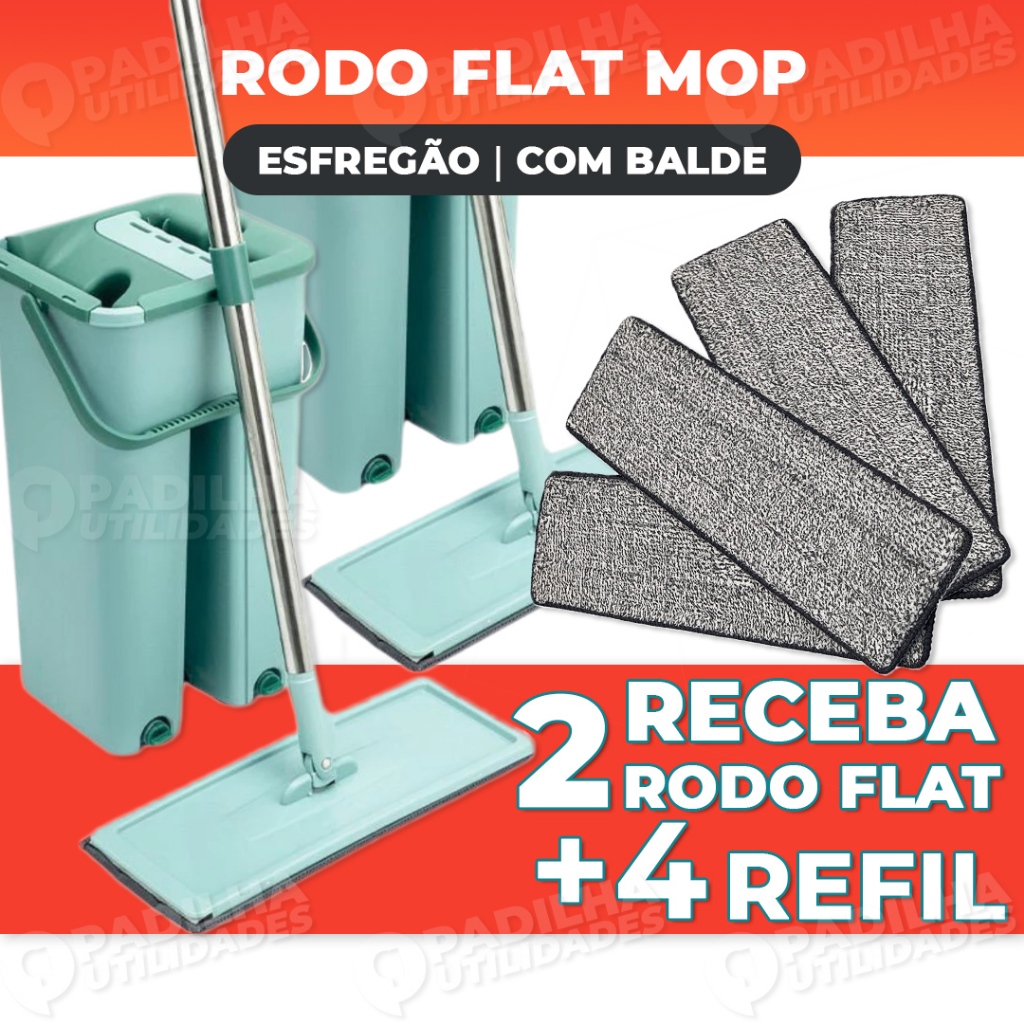 Kit 2 Rodo Flat Mop 4 Refis Esfregão Com Balde Rodo Mágico Lava Seca ...