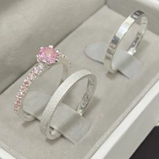 Alianças de Namoro e Compromisso em Prata950 diamantada 2mm Fina e Anel Solitário rosa