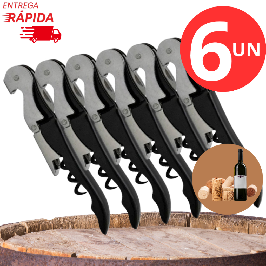 Kit 6 Saca Rolhas de Vinho Abridor de Garrafa de Aço Inox Cortador de ...