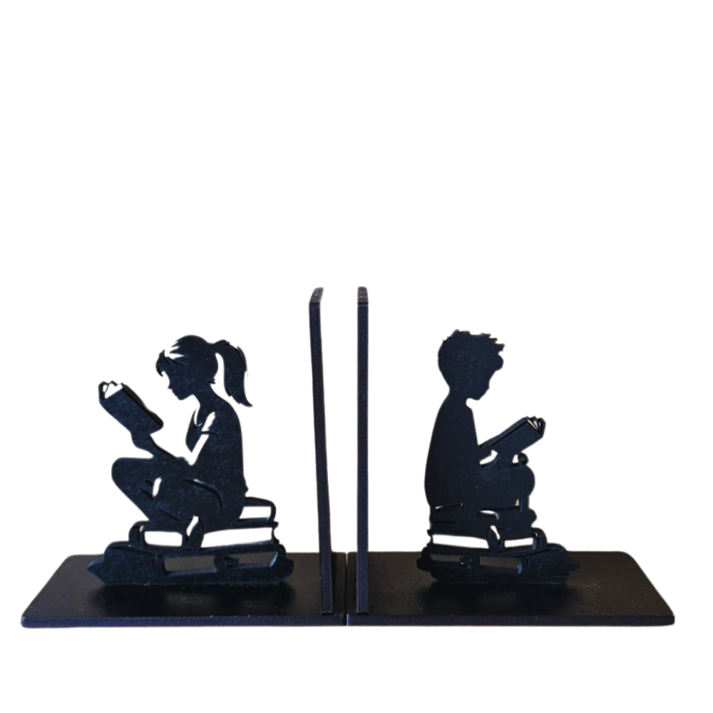 Imagem do produto Suporte Aparador de lIvros Decorativo Menina e Menina Organizador Bibliocanto Madeira Preta Geek 1