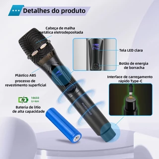Microfones Dinâmico Sem Fio 2.4GHZ Profissional Recarregável Uhf para Karaokê