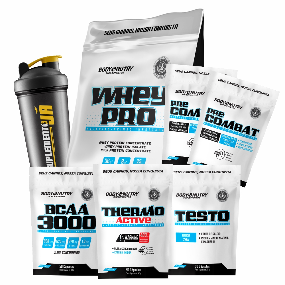KIT WHEY PROTEIN 900G + TERMOGENICO CAFEINA + TESTO + 2X PRÉ TREINO ...
