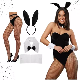 Kit Coelhinha Carnaval Luxo Festa Fantasia Coelinha 5peças Orelhas Coelho Preto Meia Carnaval Playboy Coelha Preto