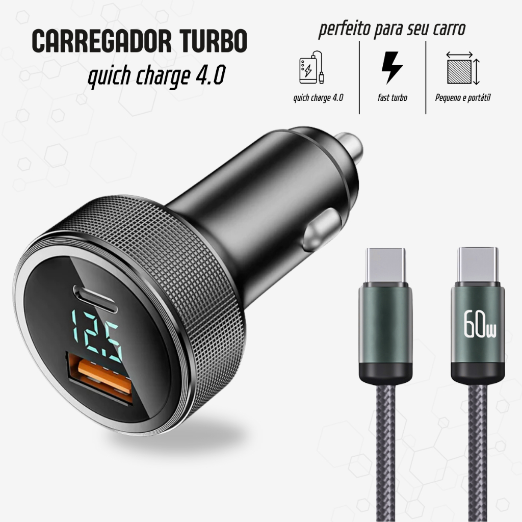 Carregador carro Turbo carregamento Rápido USB 60W - carregador ...
