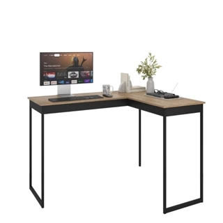 Escrivaninha Mesa de Canto Escritório Home Office em L 110cm Apoio Industrial Pés Preto Tampo Laminado Modelo Pier