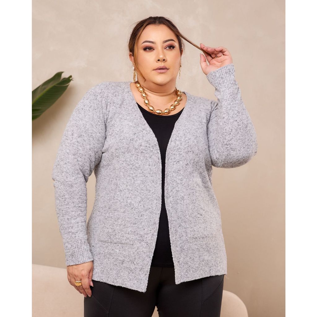 Blusa Cardigan De Frio Com Bolso Plus Size Fio Mousse | Shopee Brasil