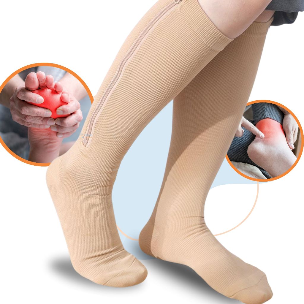Meia Ortopédica Alta Compressão Com Zíper Com Ponteira Para Alivio Dores Inchaço na Perna e Varizes