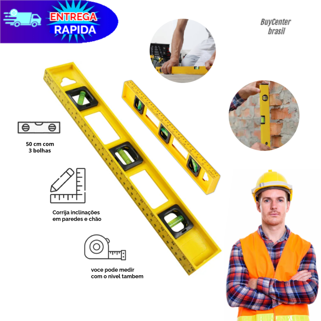 Nivel 50 cm Com 3 Bolhas Para Medir Parede Obras Casa Ferramenta ...