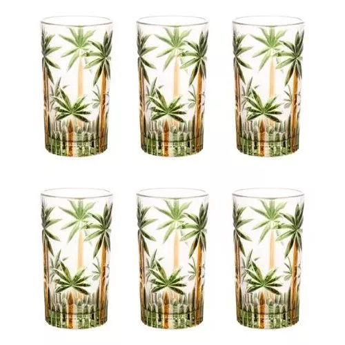 Jogo 6 Copos Altos Cristal Palm Tree Coqueiro Handpaint 360 Ml Suco Agua festa Palmeira Wolff