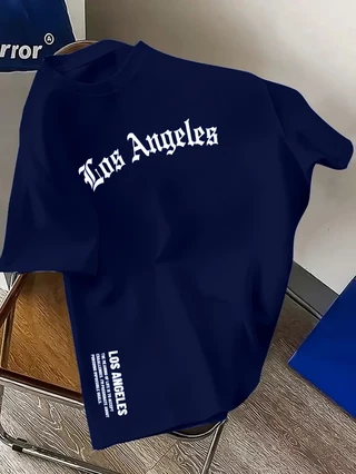 Camiseta Masculina Casual de Algodão com Estampa de Los Angeles Modelagem Regular para o Verão