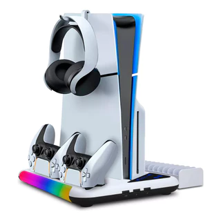 Base Cooler Para Ps5 Slim Suporte Para Fone Carregador 2 Controles Led Rgb Branco