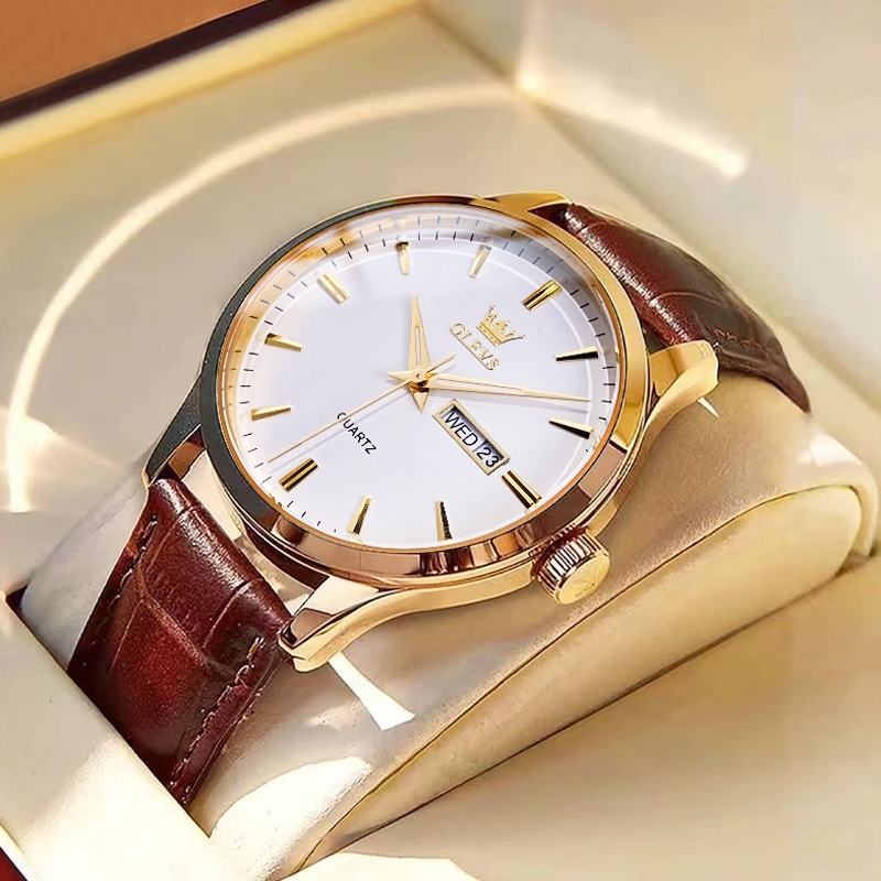 OLEVS relogio relógios masculinos luxo prova da água original couro preto leather 6898