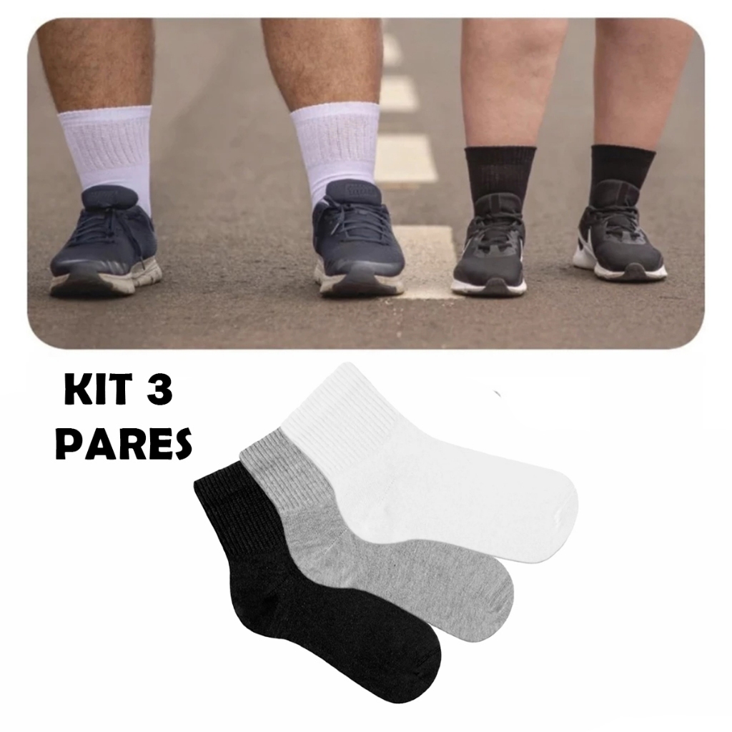 Kit 03 Pares Meias Plus Size Cano Médio Canela Gorda Larga Grande Grossa Não Aperta Algodão Unissex
