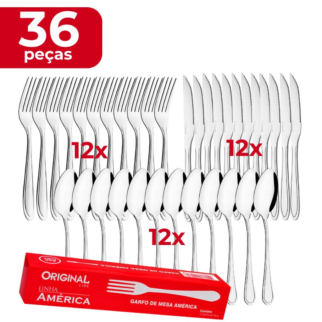 Jogo de Talheres Inox C/36pçs Garfo Faca de Churrasco e Colher ...