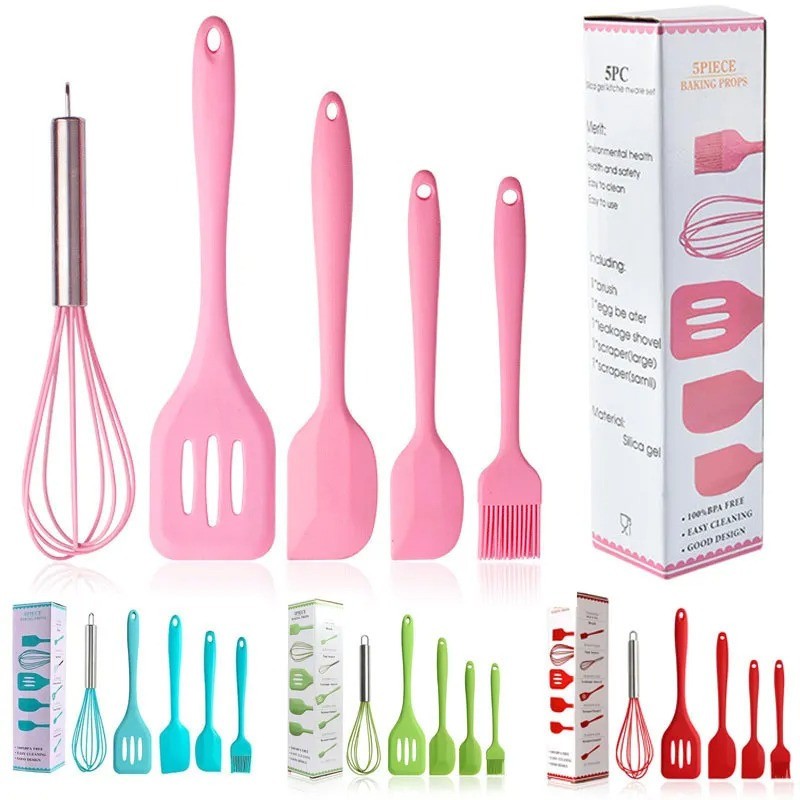 Kit 5 Utensílios De Silicone Cozinha Colher Espátulas Escova