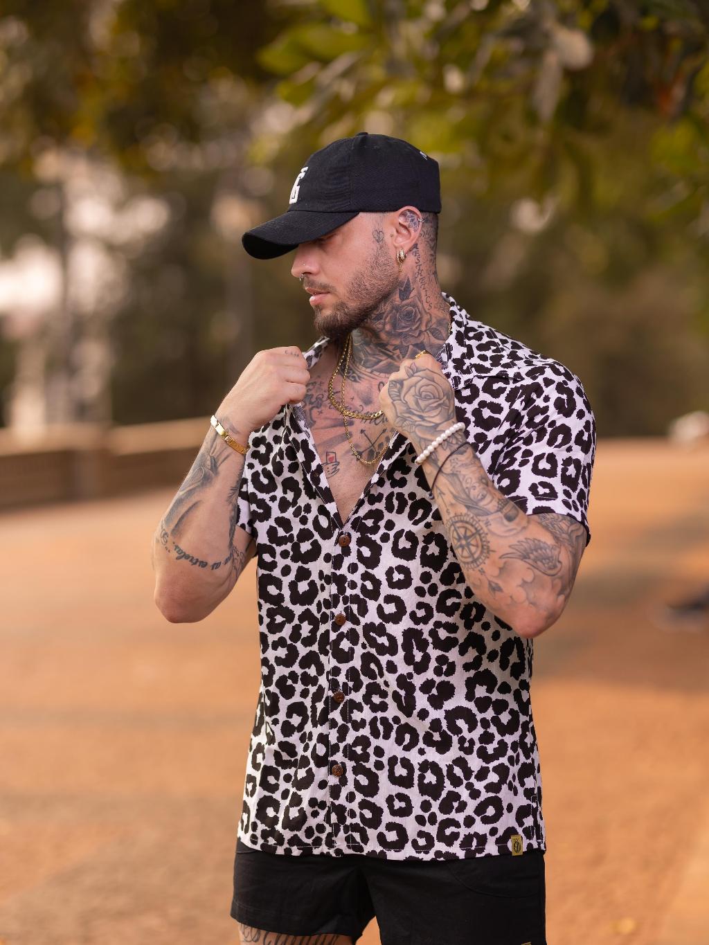 Camisa Estampada Masculino Botão Madeira Viscolinho Colarinho