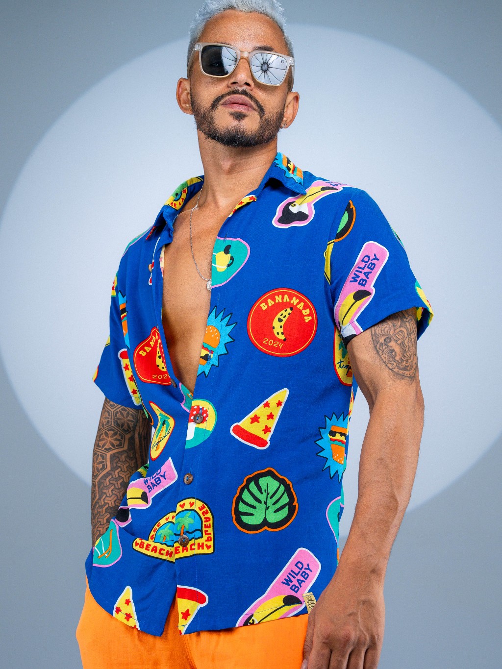 Camisa Estampada Masculino Botão Madeira Viscolinho Colarinho