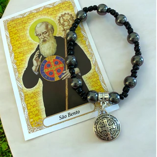 Pulseira Católica Medalha São Bento Hematita