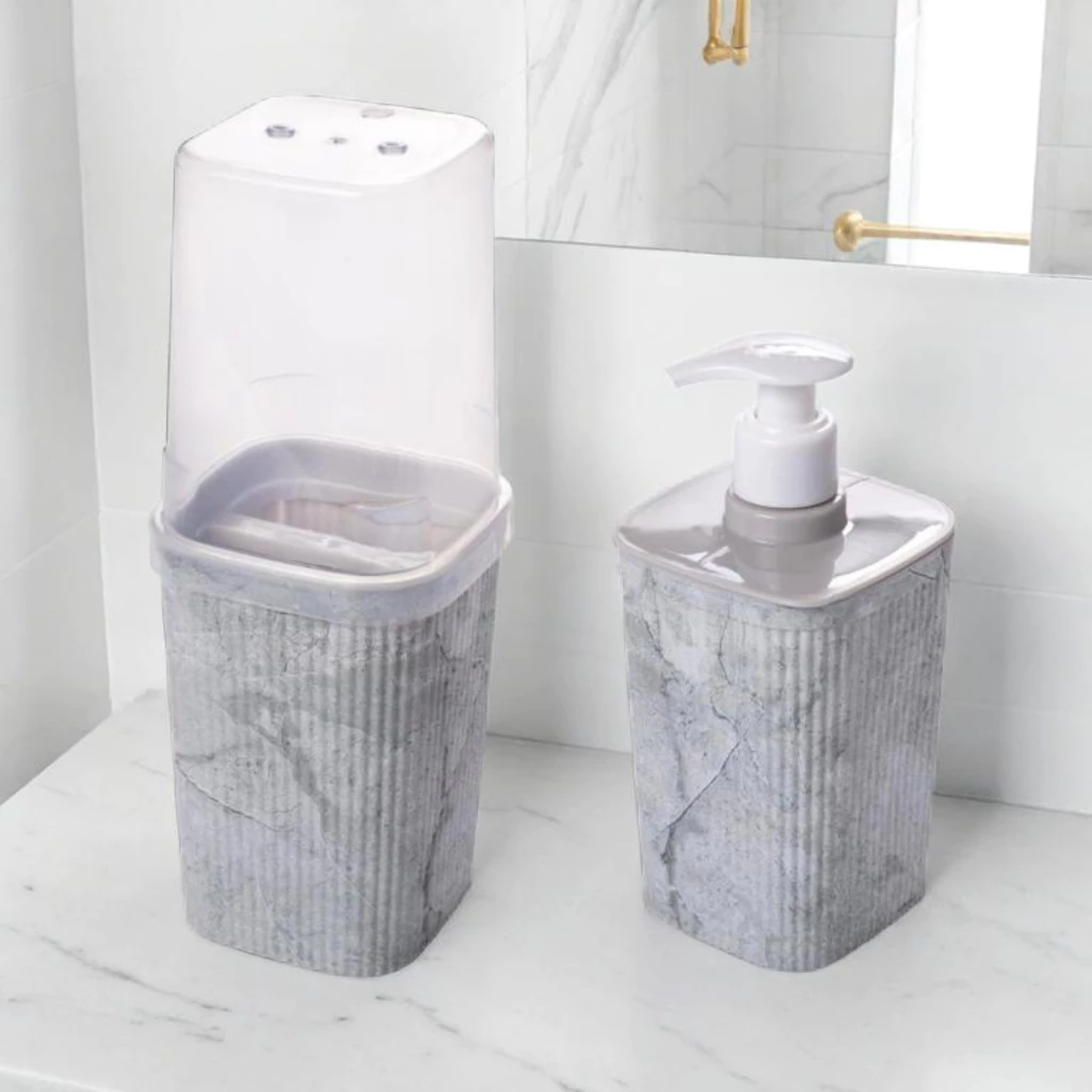 Kit Porta Escova de Dente e Pasta Porta Sabonete Líquido Plástico Preto Madeira Pedra