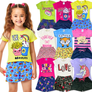 Kit 10 peças 05 Conjuntos ou 06 Peças 03 Conjuntos Menina Infantil Camiseta/Blusa + Shorts/Bermuda