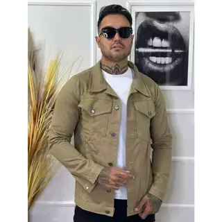 Jaqueta Jeans Masculina Tradicional Bege Preta Cinza Off White Manga Longa Estilo Oversized Casual