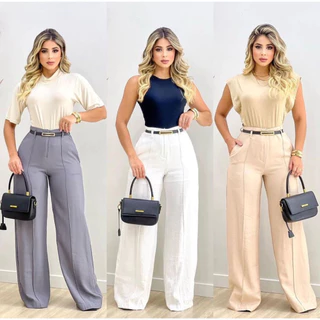 Kit 2 Calça Alfaiataria Pantalona Tendência Feminina Com Cinto Tecido Premium Moda Social Cintura Alta Luxo