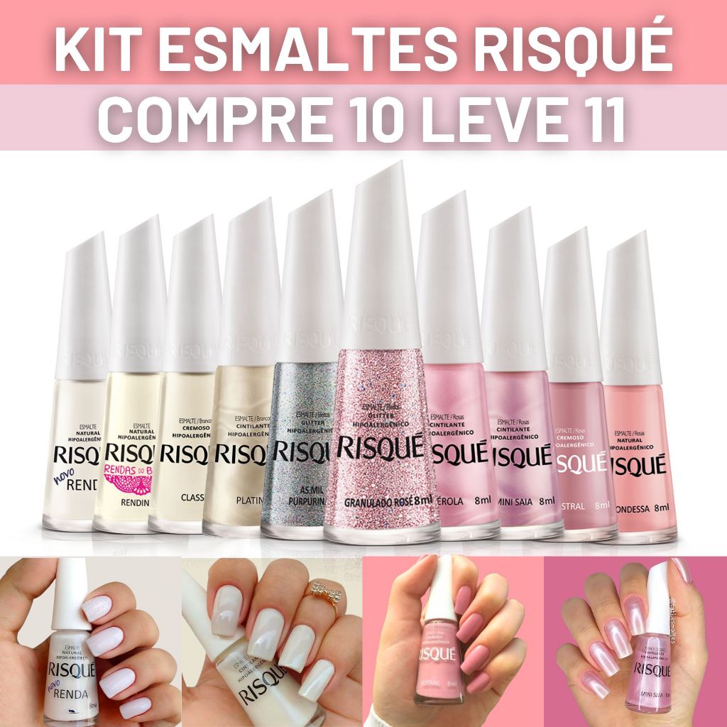 Risque Kit de 10 Esmaltes Nude Rosa Branco Glitter Risque Esmaltes ...