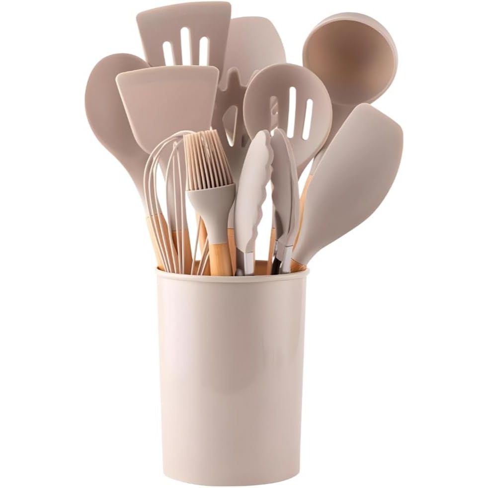 Conjunto de Utensílios de Cozinha, (BEGE, PRETO E AZUL TURQUESA GRANDE) 12 Peças, Silicone e Madeira