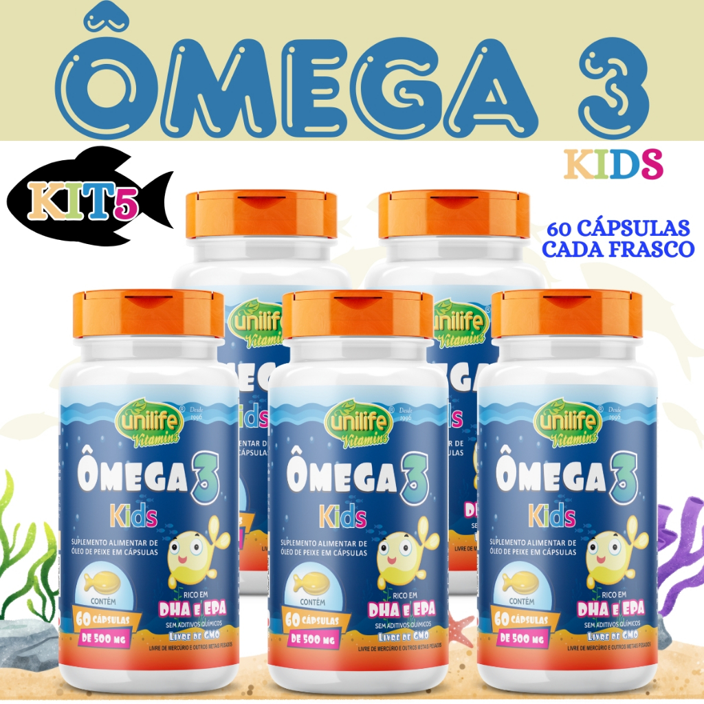 Kit 5 Ômega 3 Kids 500mg 60 Capsulas Suplemento Infantil Capsula De ...