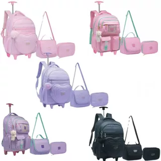 Kit Mochila Escolar De Rodinhas Juvenil Femenina Com Pom Pom