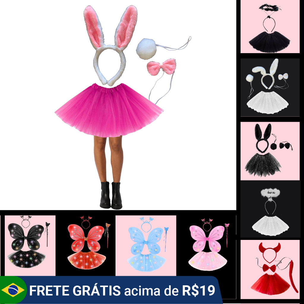 Fantasia Carnaval Coelhinha Preto saia tule meia arrastão acessórios ...