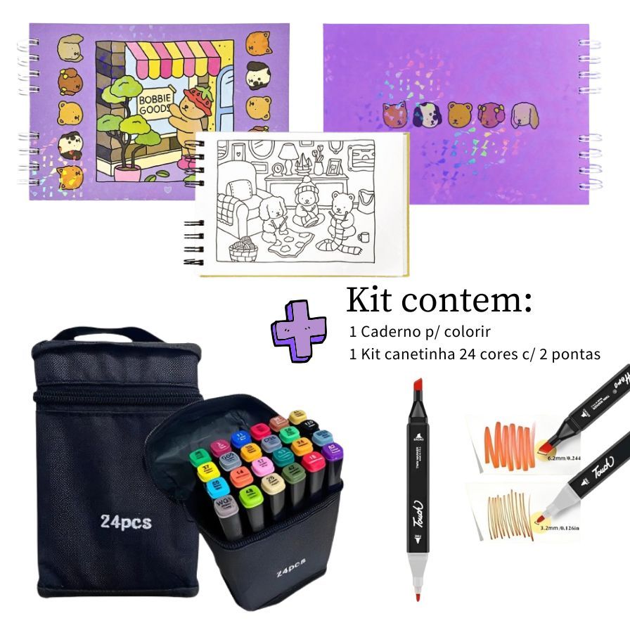 KIT Caderno de Colorir + Canetinha Duas Pontas - 24 cores, 50 páginas de Desenho Bobbie Goods - Ursinho Fofo