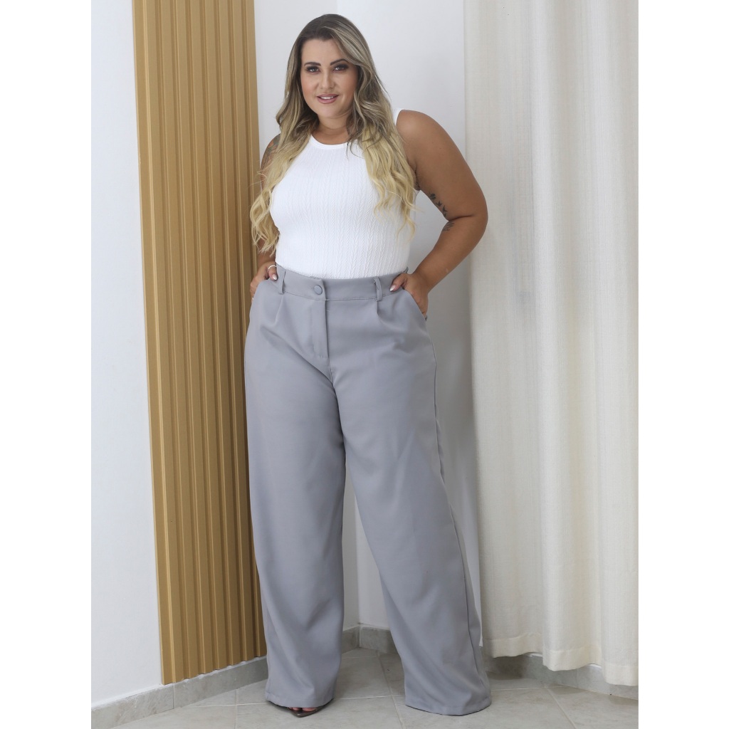 Calça Pantalona Alfaiataria Plus 46-52 Com Bolso Fechamento Zíper e Botão 8819