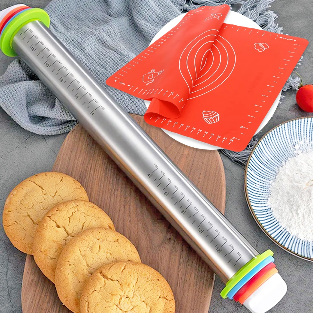 Kit Tapete Culinário de Silicone + Rolo De Massa Inox Ajustá