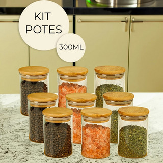 Kit 4 potes de vidro com tampa de bambu herméticos para mantimentos empilháveis 300ml
