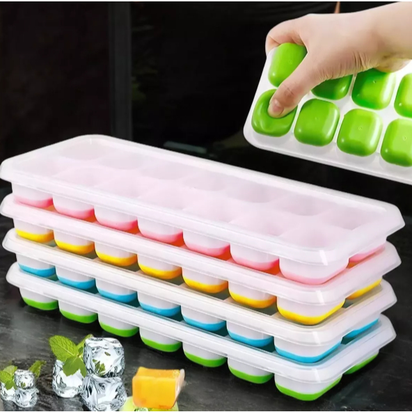 Kit 2 Formas De Gelo 14 Cubos Tampa Fundo Flexível Silicone cores